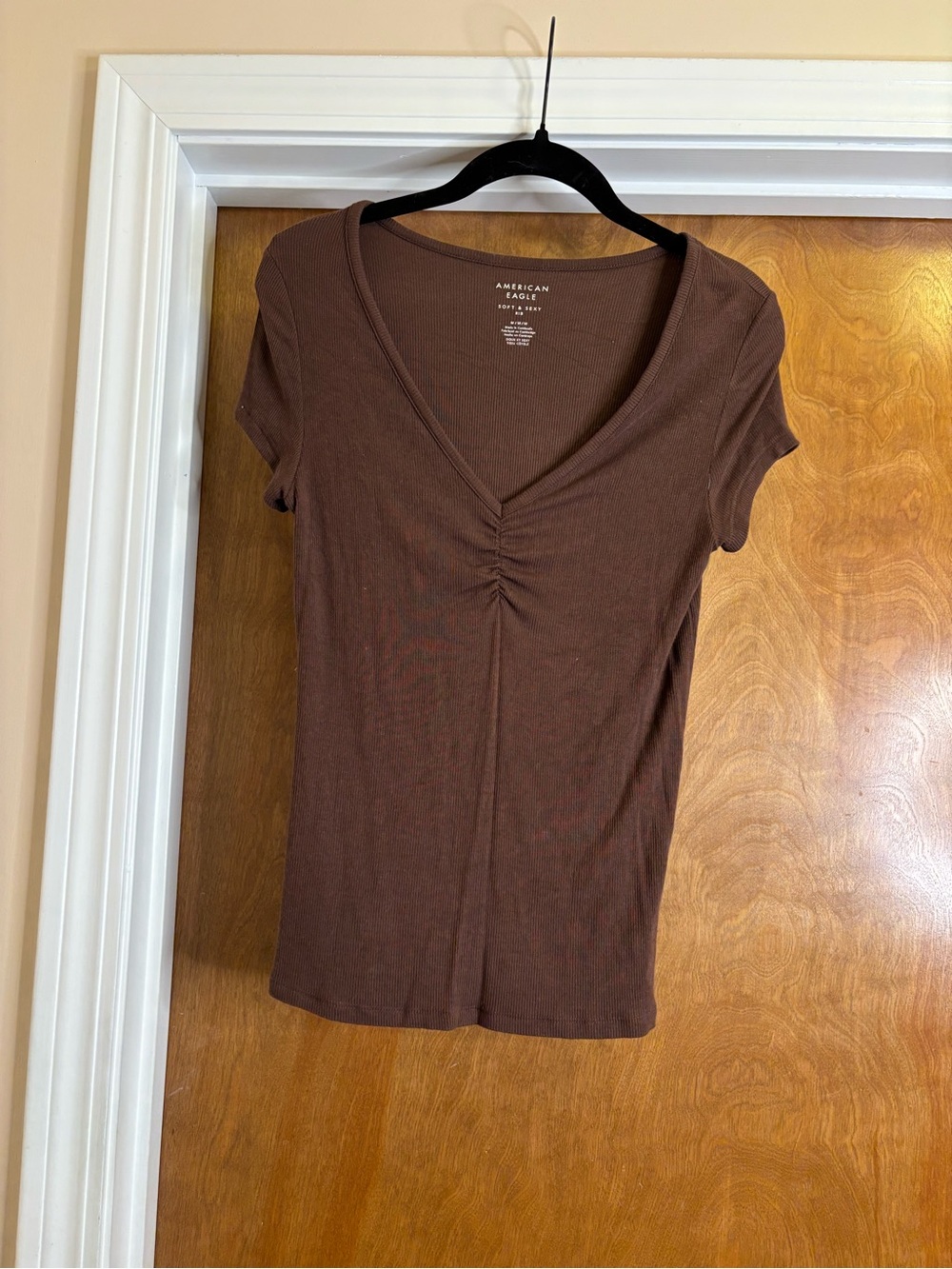 American Eagle Outfitters Brown V-Neck Ruched Short Sleeve Top
